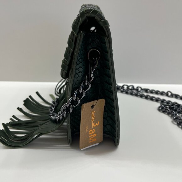 Animal Print Embossed W/ Fringe /Tassel Crossbody Bag - Boho Style - Green - NWT - Picture 8 of 11